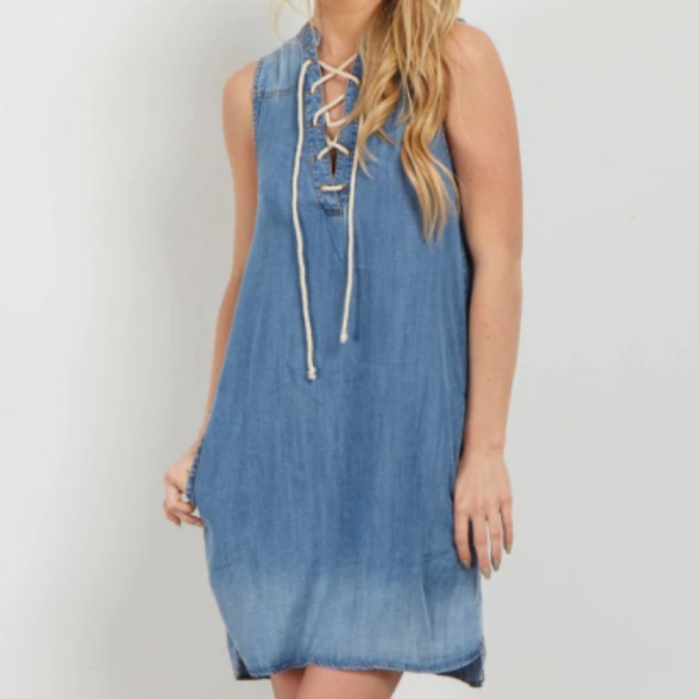 Chambray Tunic Dress L With Tie Lace Up Neck Blue